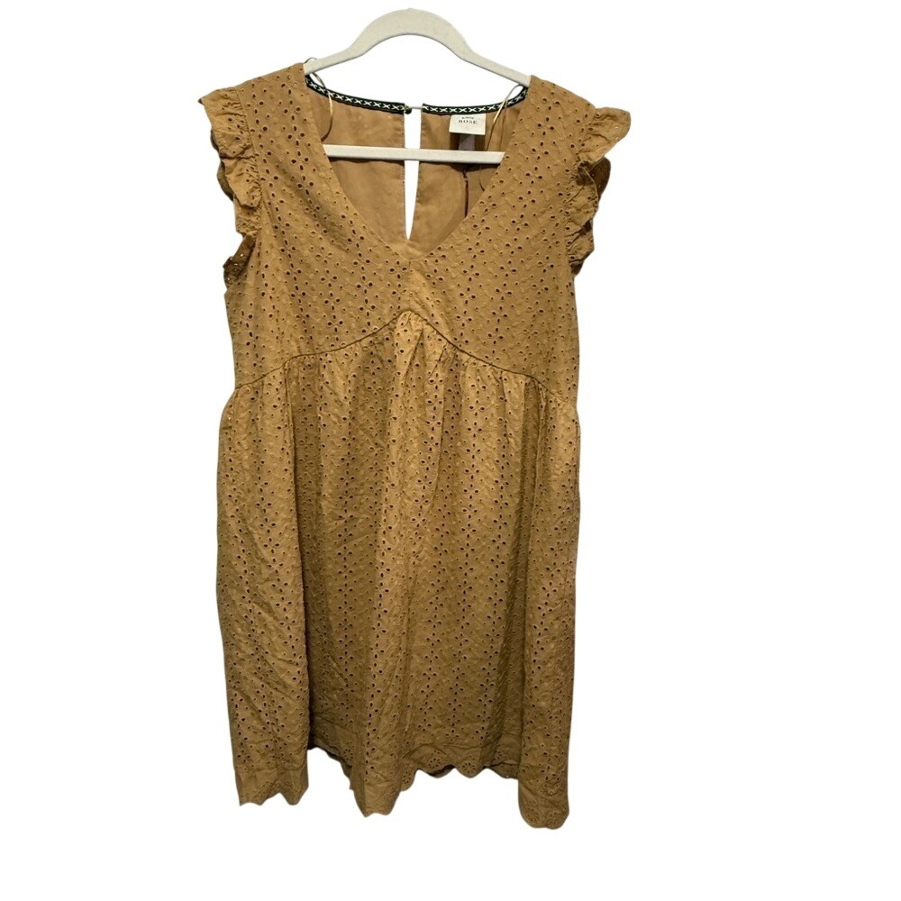 Knox Rose Camel Embroidered Dress Flutter Sleeve Boho Cottagecore Women's‎ M NWT